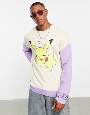 Bershka knit Pikachu sweater in ecru-Neutral