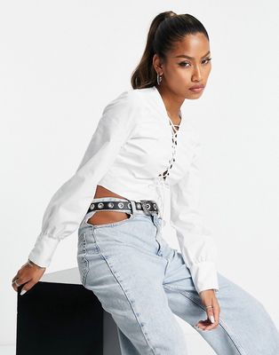 Bershka lace-up front corset detail crop top in white