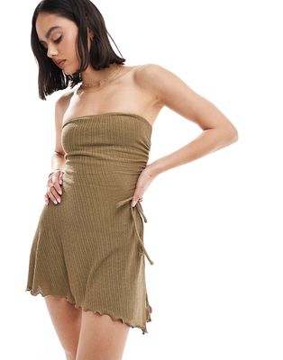 Bershka lettuce edge bandeau mini dress in khaki-Green