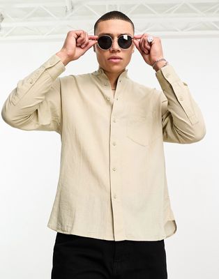 Bershka long sleeve grandad neck shirt in beige-Neutral
