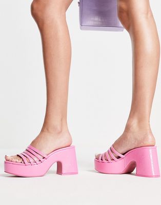 Bershka mid heel chunky 70s platform sandals with strap detail in pink