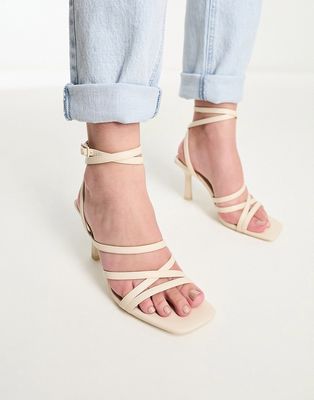 Bershka multi strap heeled sandals in ecru-White