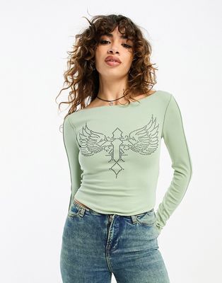 Bershka newspaper long sleeve top in white