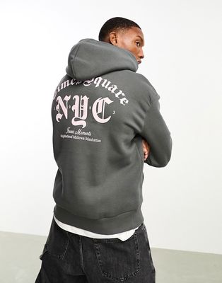 Bershka NYC printed hoodie in charcoal-Gray