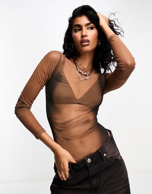 Bershka ombre mesh bodysuit in brown