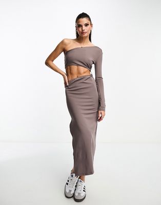 Bershka one shoulder cut out midi dress in taupe-Gray
