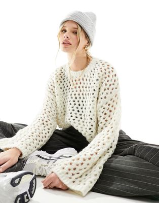 Bershka open knit bell sleeve sweater in ecru-Neutral
