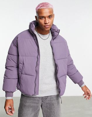 Bershka oversized cotton puffer jacket in lilac-Purple