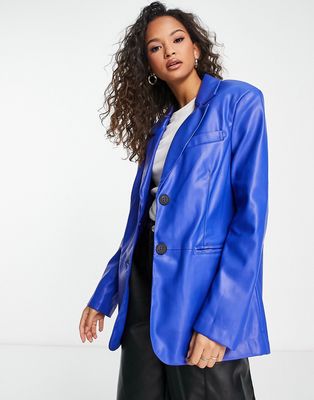 Bershka oversized faux leather blazer in blue