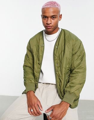 Bershka oversized onion quilted liner jacket in khaki-Green