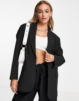Bershka oversized pinstripe blazer in black