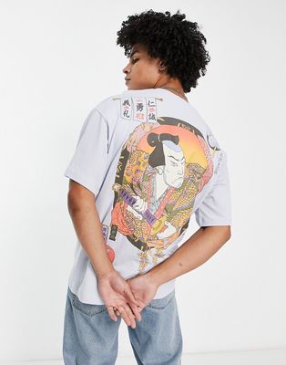 Bershka oversized samurai back print T-shirt in light blue-White