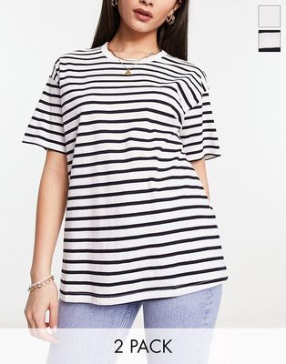 Bershka oversized t-shirt 2 pack in white and stripe