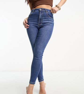 Bershka Petite high waist skinny jean in mid blue