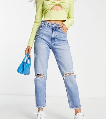 Bershka Petite ripped detail mom jean in mid blue