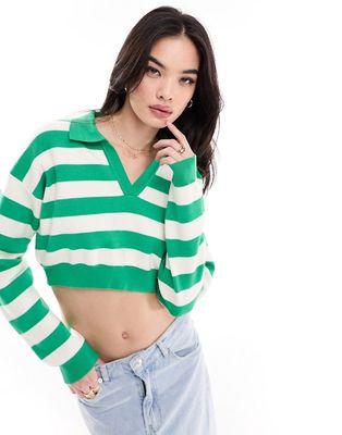 Bershka polo neck sweater in green & white stripe-Multi