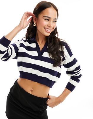 Bershka polo neck sweater in navy & white stripe-Multi