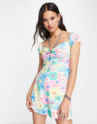 Bershka puff sleeve tie front mini dress in pastel floral-Multi