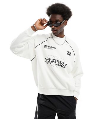 Bershka racing graphic piped sweatshirt in white