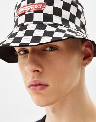 Bershka reversible bucket hat in checkerboard print-Black