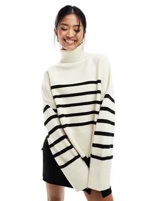 Bershka roll neck sweater in ecru & black stripe-Neutral