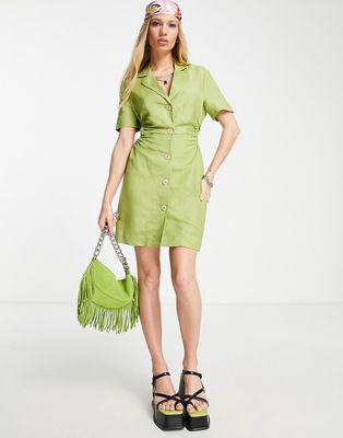 Bershka ruched cut out detail tailored dress in lime-Green