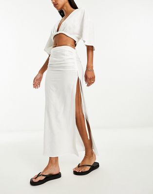Bershka ruched split side linen midi skirt in white