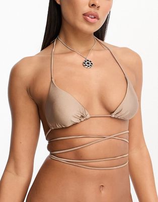 Bershka satin strap detail triangle bikini top in bronze-Gold