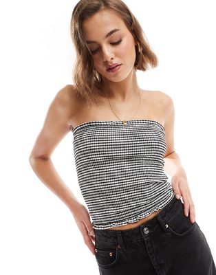 Bershka shirred bandeau top in black & white gingham print-Blue