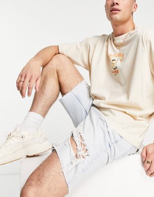 Bershka slim distressed denim shorts in light blue