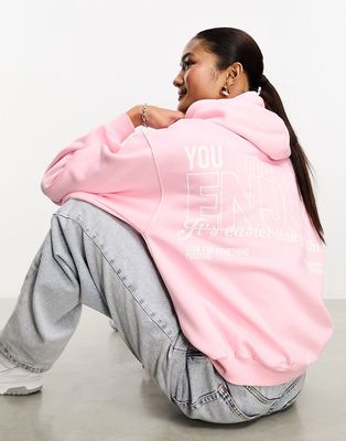 Bershka slogan front oversized hoodie in pink