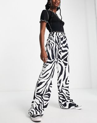 Bershka straight leg satin pants in zebra print-Multi