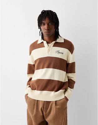 Bershka stripe knitted sweater in chocolate-Brown