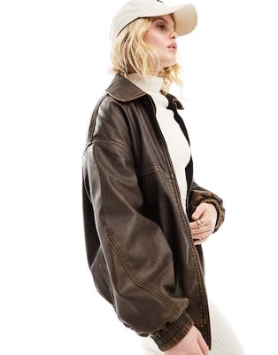 Bershka super oversized faux leather dad jacket in washed brown