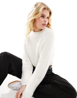 Bershka textured knit sweater in ecru-White