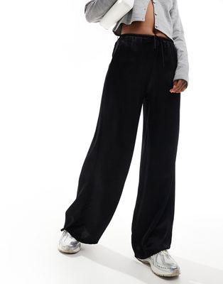 Bershka tie waist wide leg satin pants in black