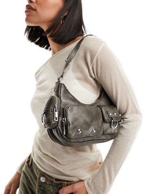 Bershka utility pocket faux leather shoulder bag in washed brown