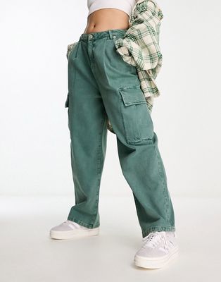 Bershka wide leg carpenter cargo pants in washed green