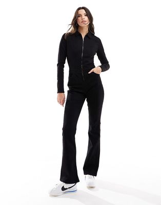 Bershka zip front denim jumpsuit in black