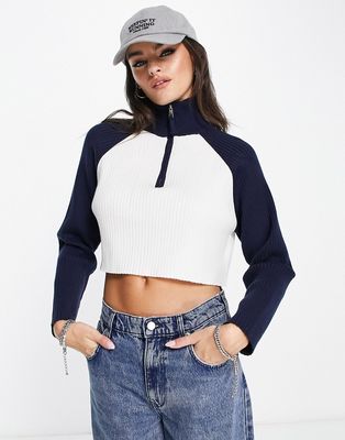 Bershka zip up contrast color sweater in navy-Blue
