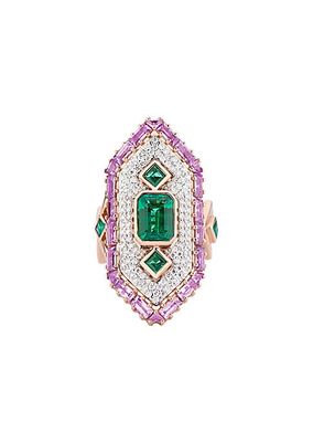 Bespoke Cleopatra 18K Rose Gold, Emerald, Pink Sapphire & 0.72 TWC Diamond Ring