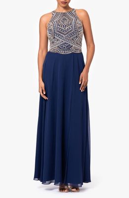 Betsy & Adam Beaded Bodice Sleeveless Gown in Navy/Silver/Copper