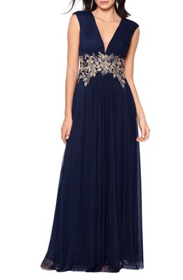 Betsy & Adam Beaded Floral Embroidered Gown in Navy/Gold