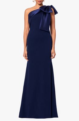 Betsy & Adam Bow One-Shoulder Crepe Mermaid Gown in Navy