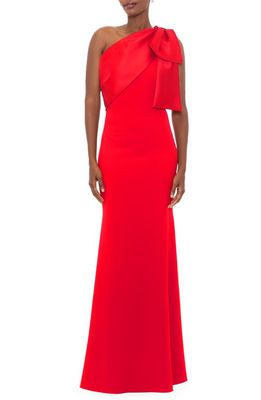 Betsy & Adam Bow One-Shoulder Crepe Mermaid Gown in Red