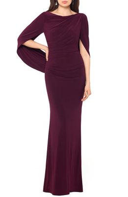 Betsy & Adam Cape Long Sleeve Trumpet Gown in Wine