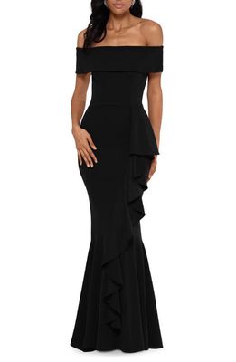 Betsy & Adam Cascade Ruffle Off the Shoulder Mermaid Gown in Black
