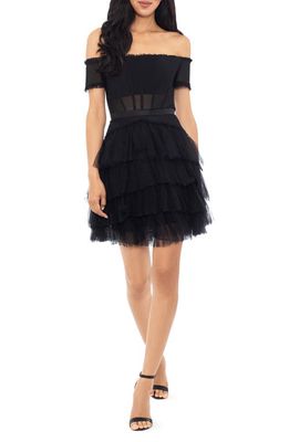 Betsy & Adam Corset Tiered Ruffle Off the Shoulder Tulle Minidress in Black