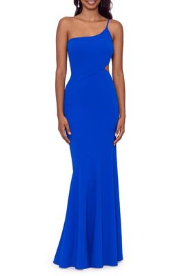 Betsy & Adam Cutout One-Shoulder Crepe Gown in New Cobalt