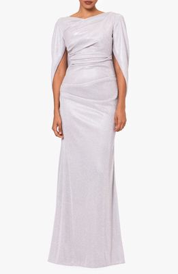 Betsy & Adam Drape Metallic Gown in Taupe/Silver